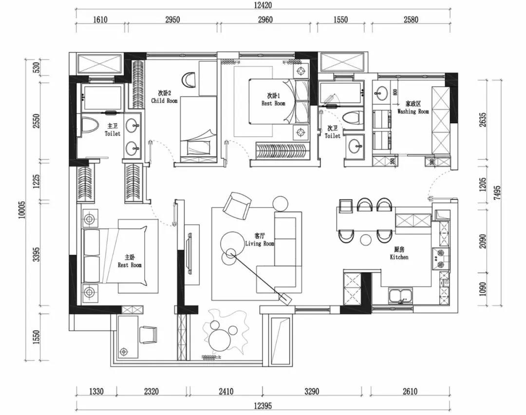 80平米小户型室内装潢设计平面图_装信通网效果图